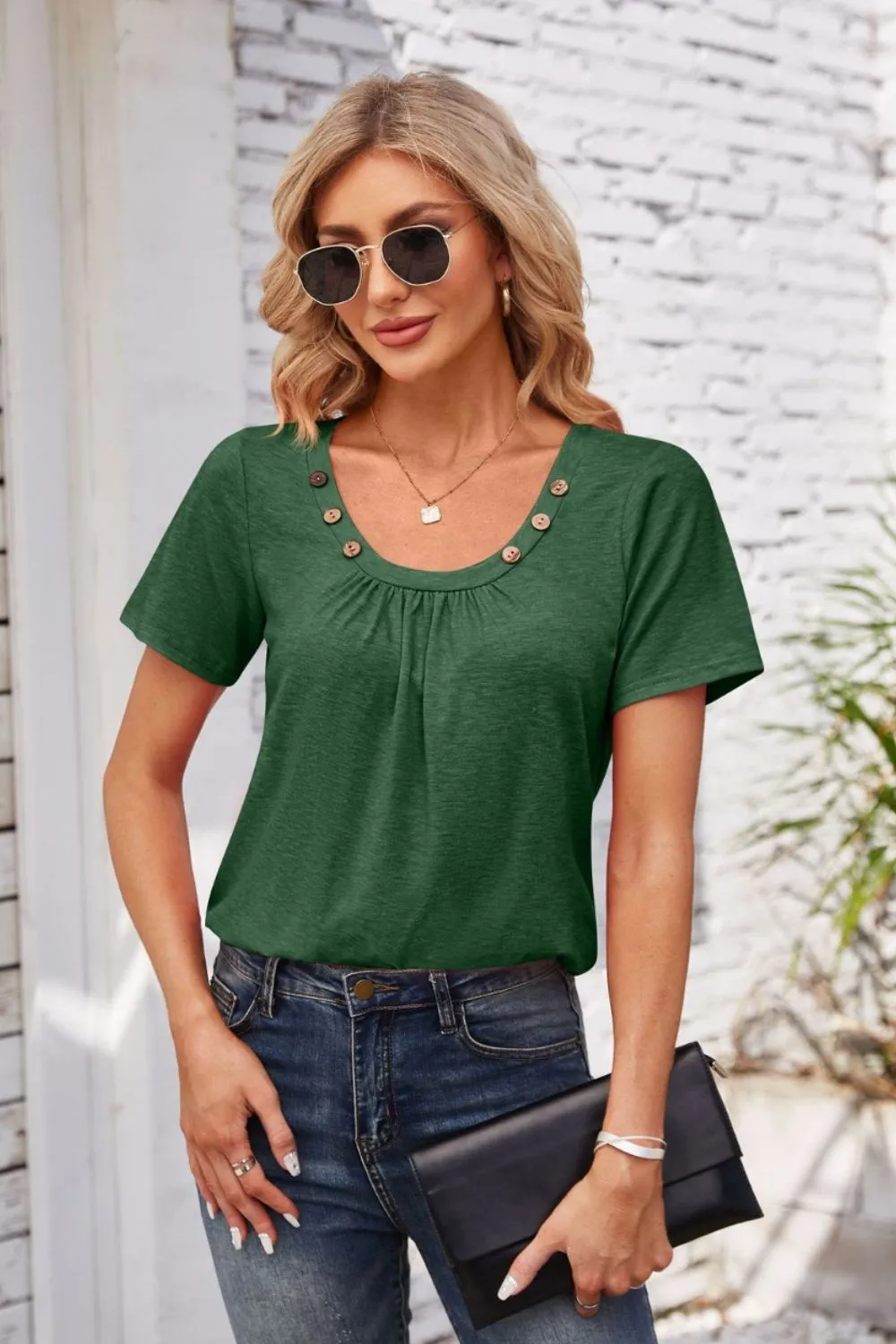 Decorative Button Scoop Neck T-Shirt, image 20