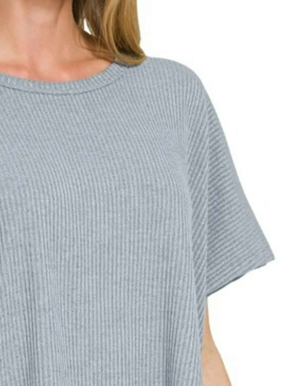 Ribbed Round-Neck Short-Sleeve Knit Top, image 2