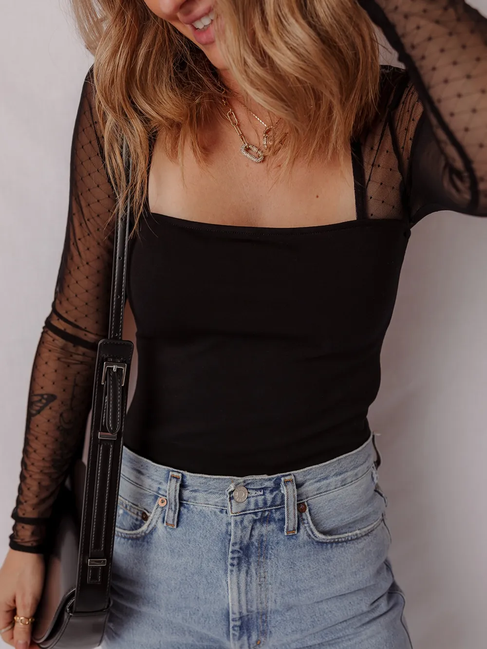Mesh Sleeve Square Neck Bodysuit, image 2