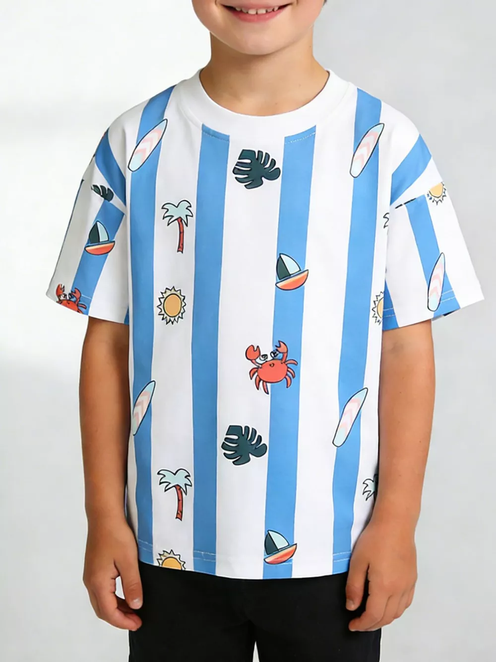Children's Striped Cartoon Print Round Neck T-Shirt