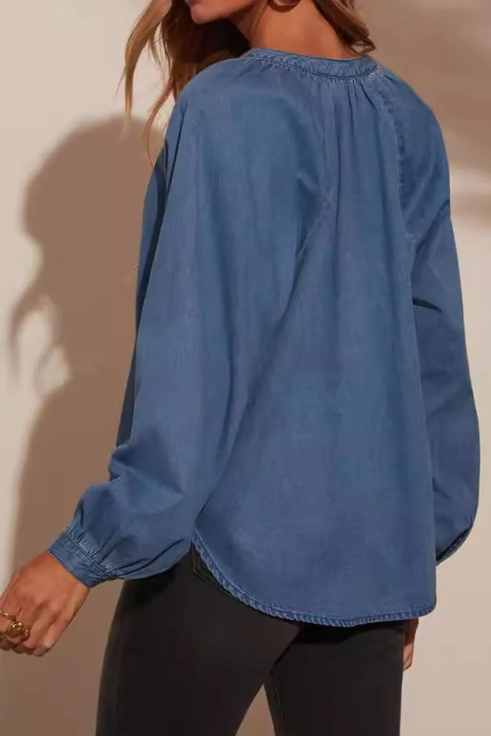 Plunge Button Up Long Sleeve Denim Top, image 4