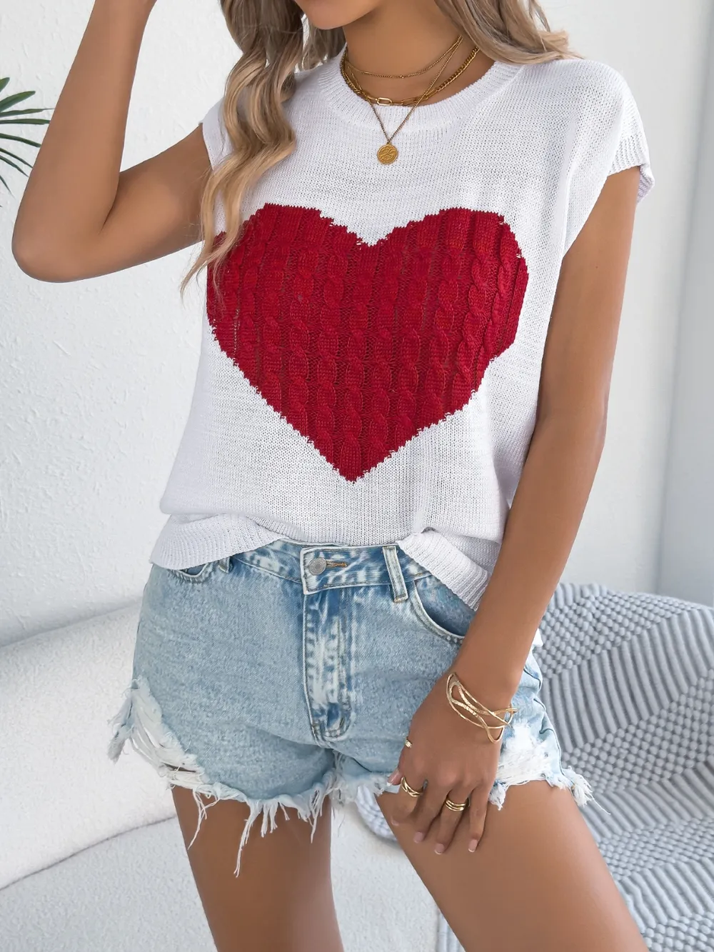 Cable Knit Heart Round Neck Cap Sleeve Knit Top, image 11