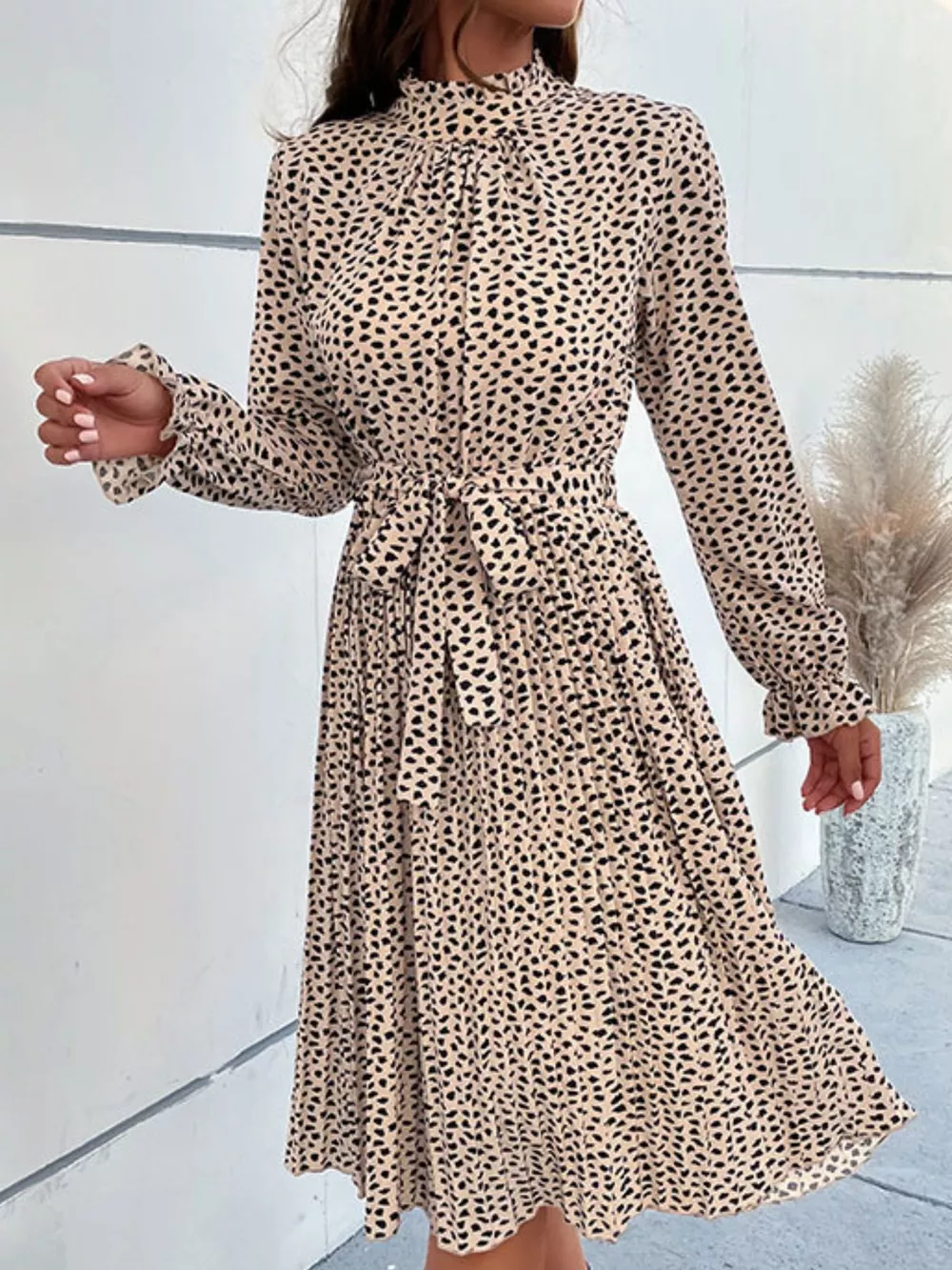 Animal Print Mock Neck Flounce Sleeve Dress, image 4