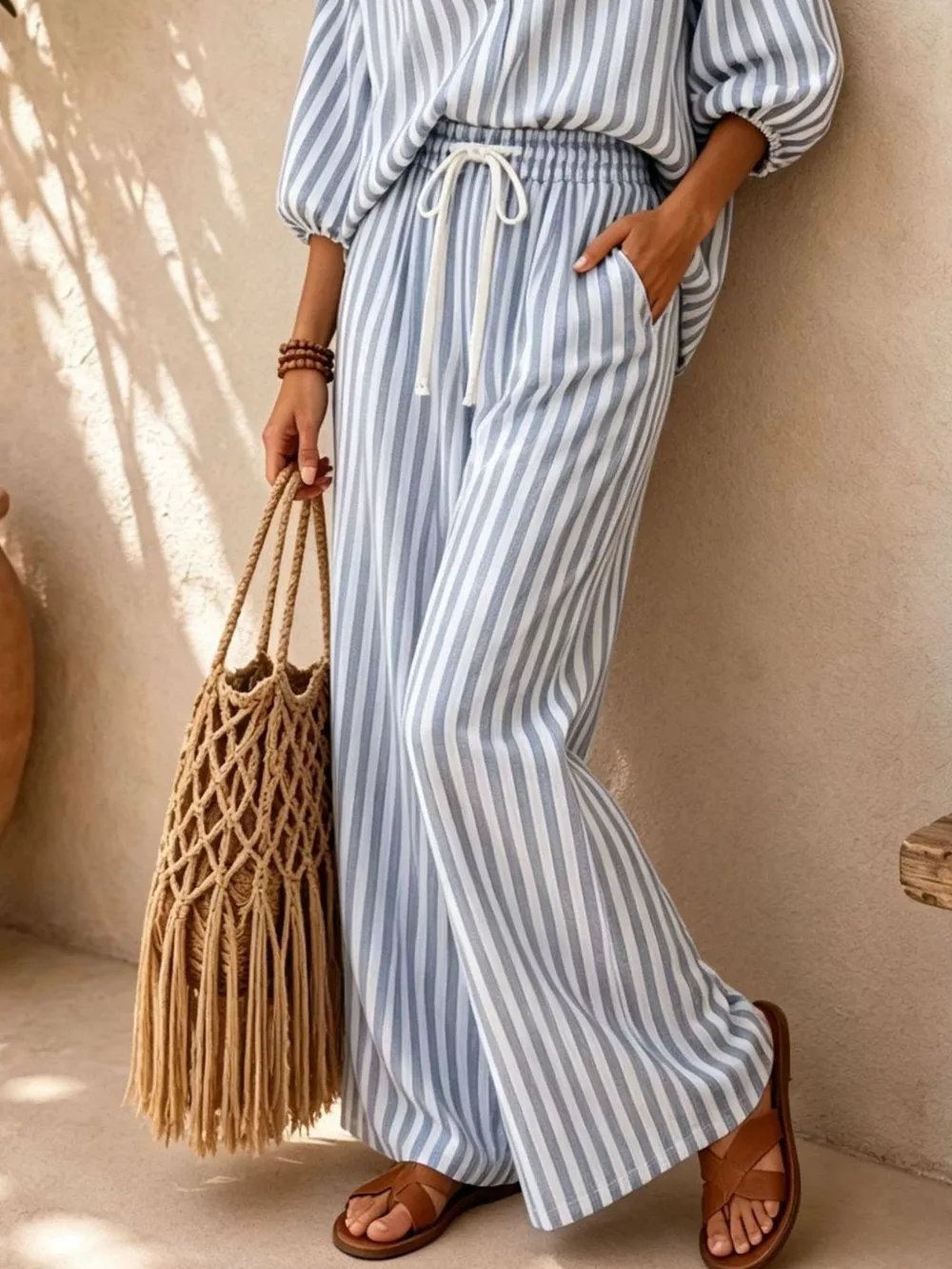 Striped Collared Shirt and Wide-Leg Drawstring Pants Set, image 8