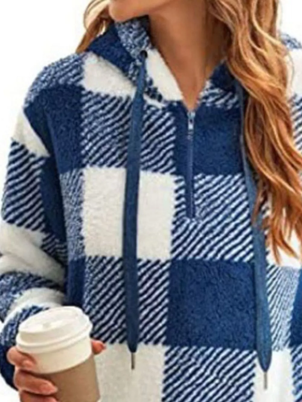 Full Size Plaid Sherpa Drawstring Hoodie Plus Size, image 4