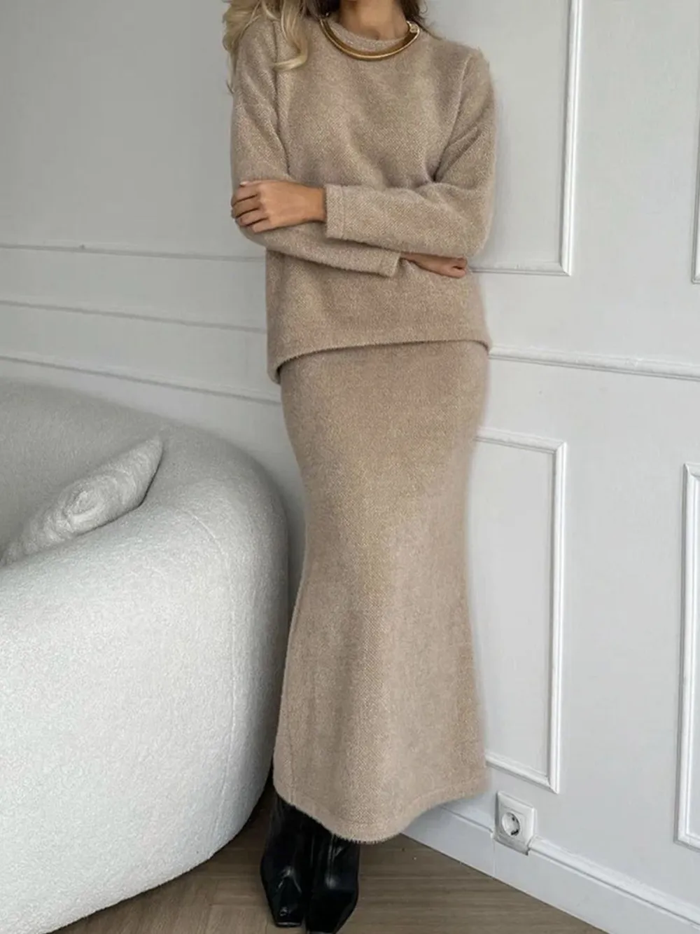 Round Neck Dropped Shoulder Top and Midi Skirt Sweater Set, image 11