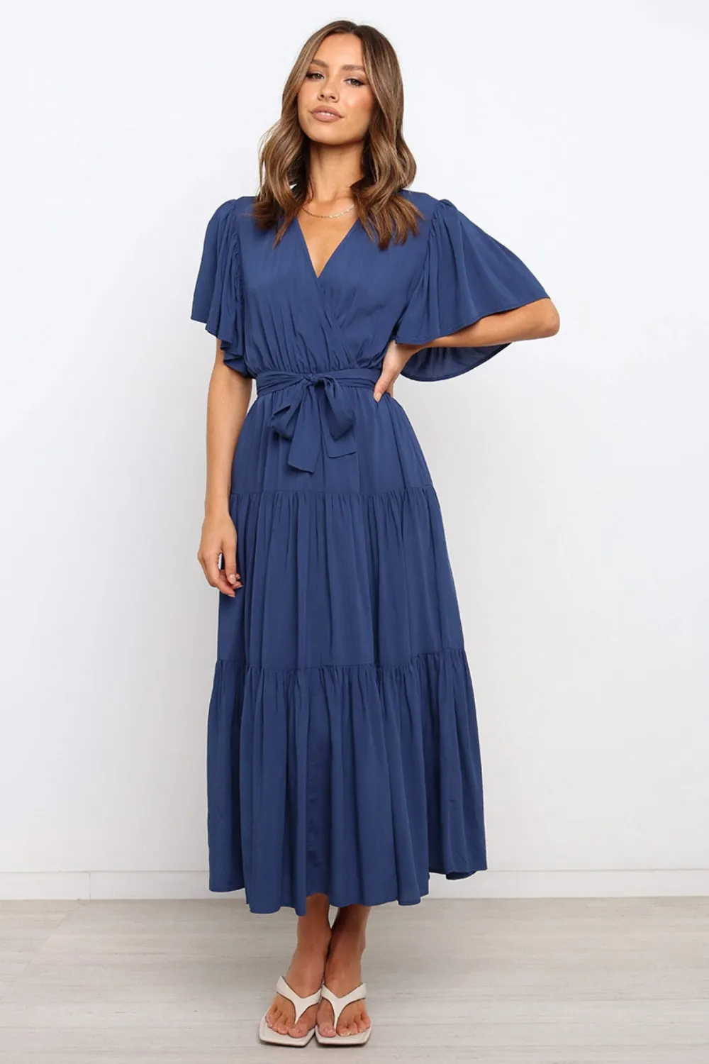 Front Tie Short Sleeve Tiered Midi Dress, image 11