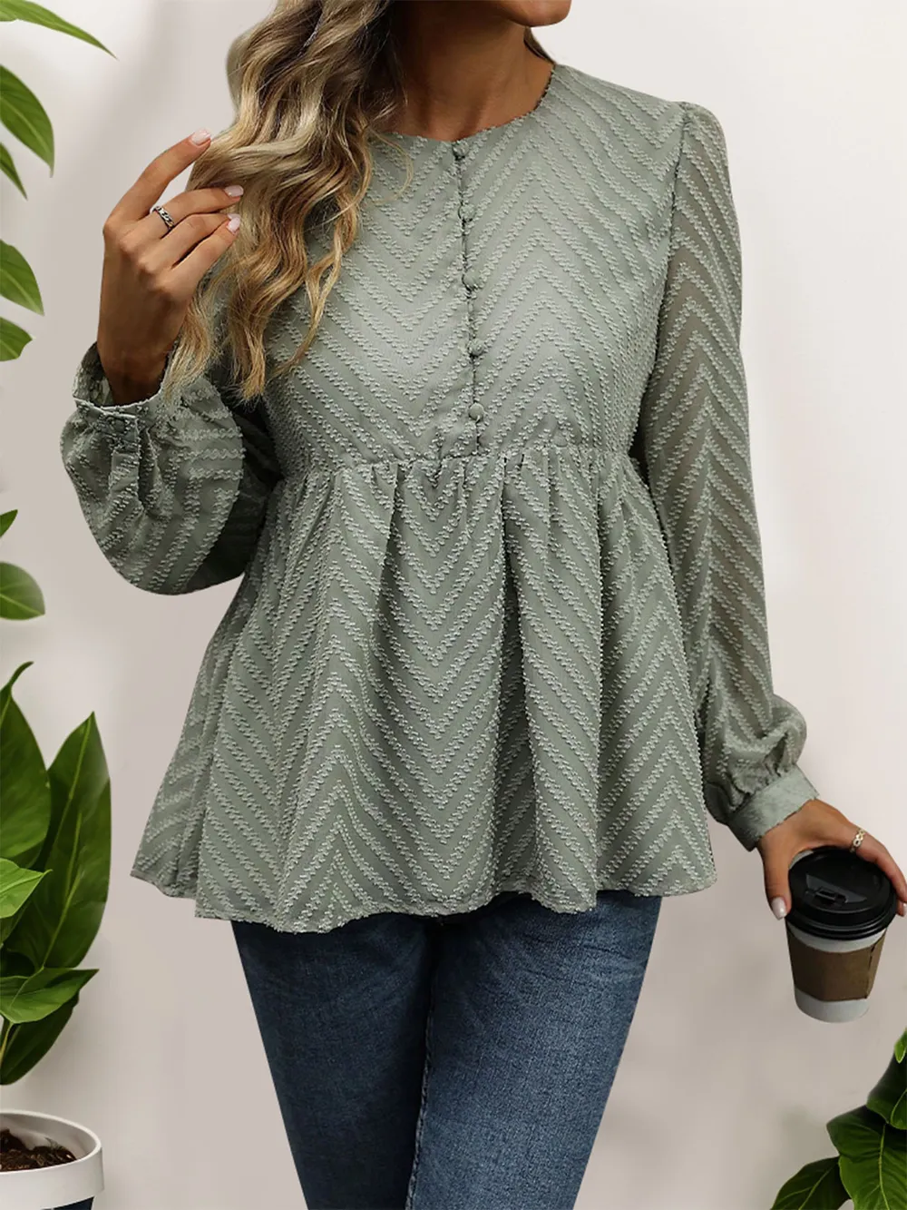 Peplum Round Neck Long Sleeve Blouse, image 3
