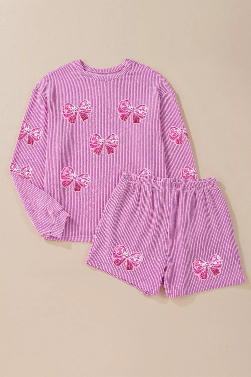 Corded Rib Sequin Bow Patched Long Sleeve Top and Shorts 2pcs Set, image 2