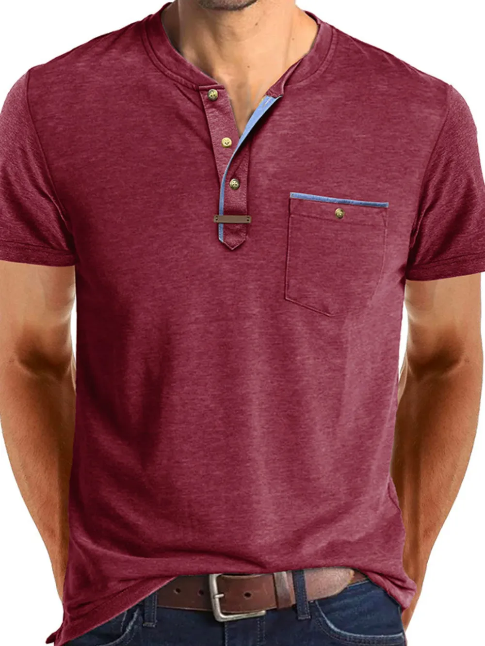 Men's Full Size Short Sleeve Henley Polo with Contrast Trim Plus Size, image 7