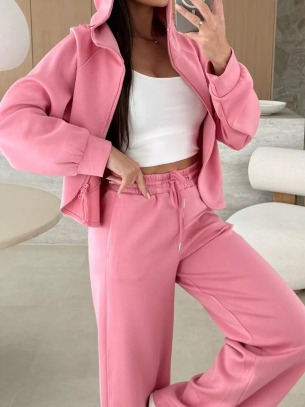 Solid Color Zip Up Hoodie Drawstring Loose Pants Set, image 6