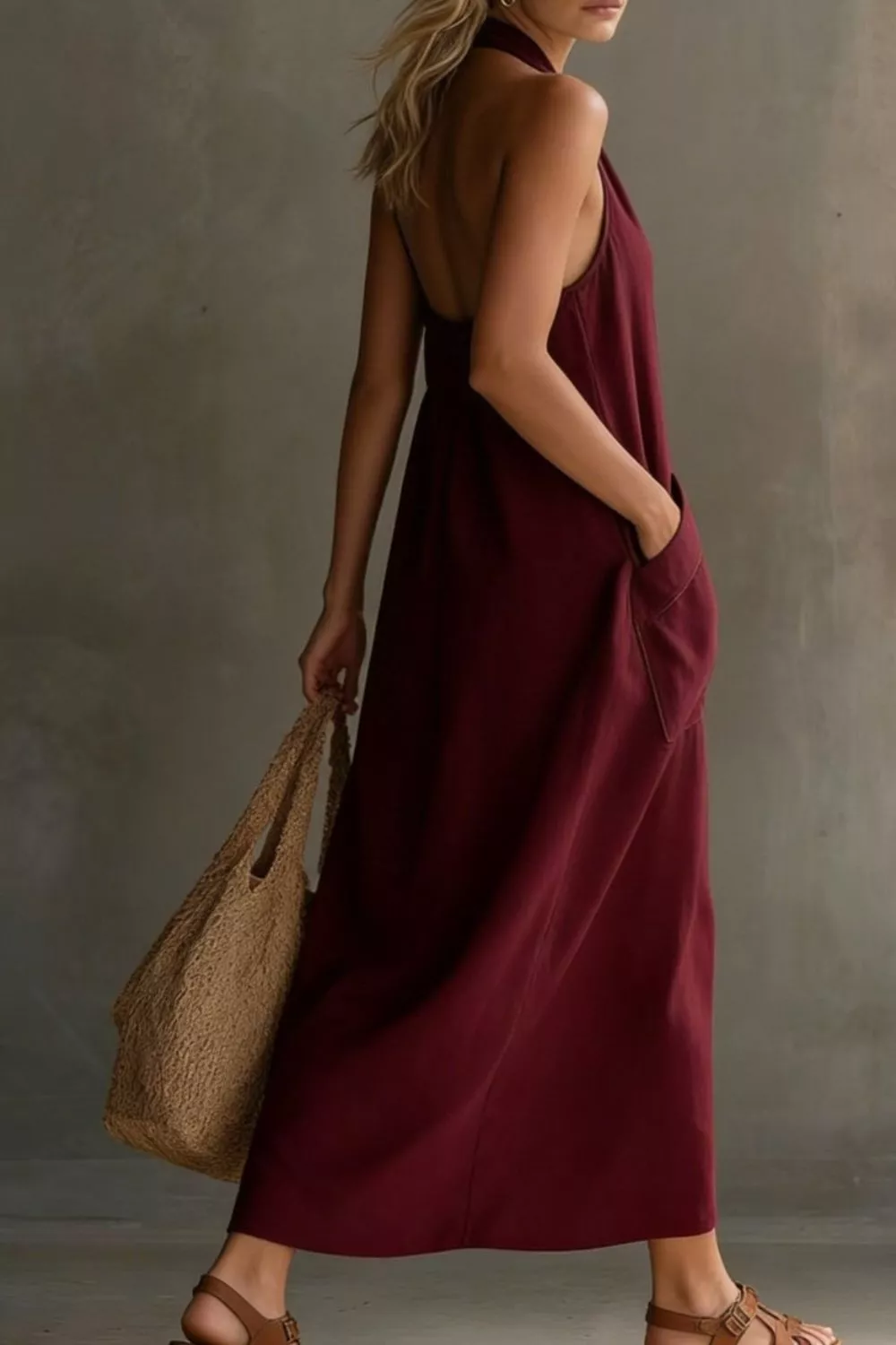 Casual Halter Neck Pocket Midi Dress, image 23
