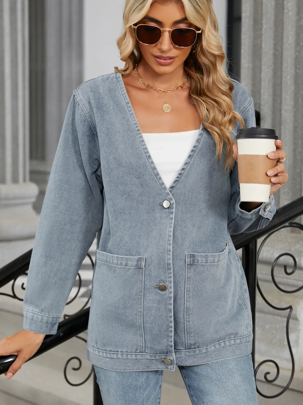Pocketed V-Neck Button Up Denim Jacket, image 6