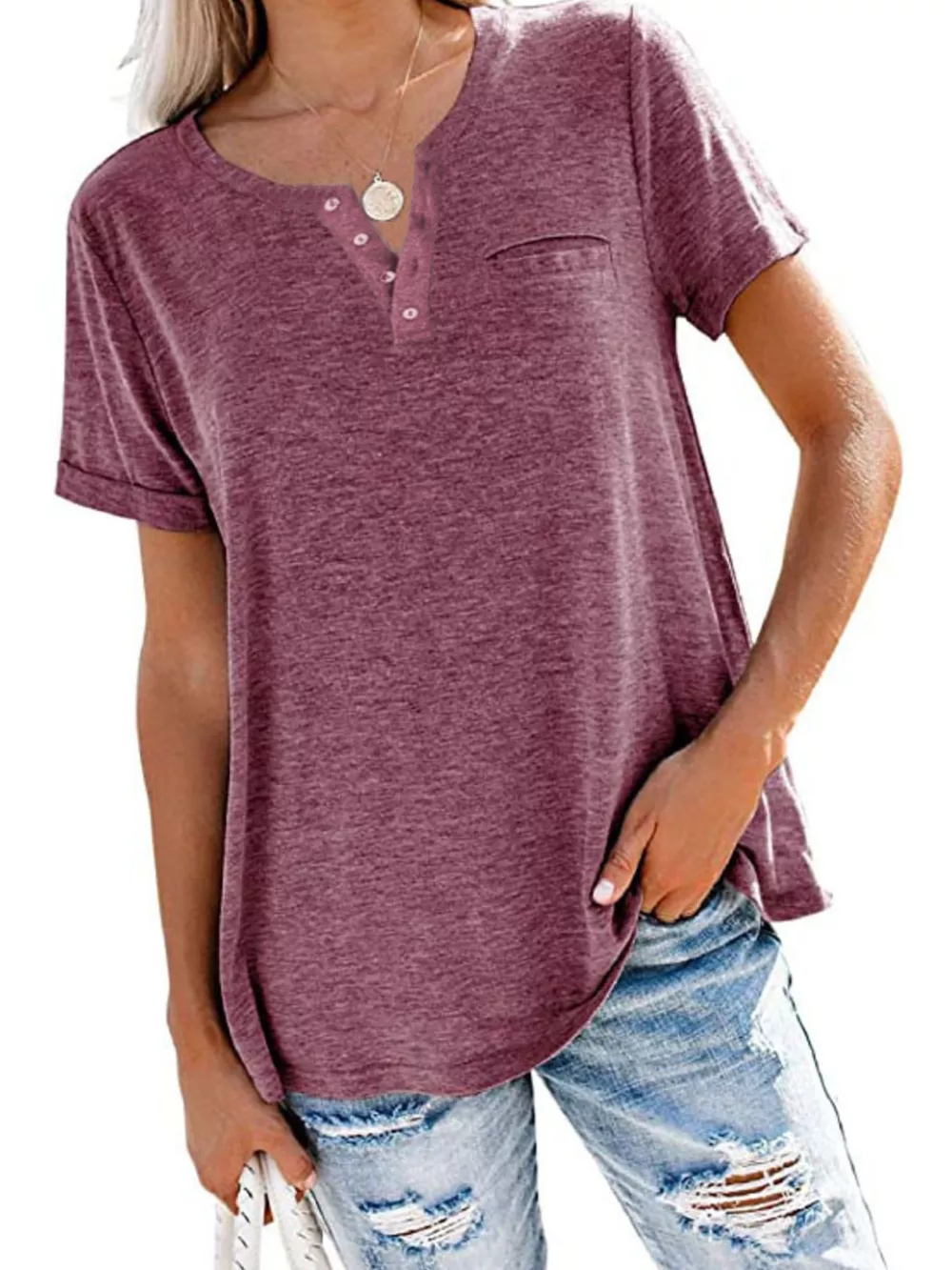 Full Size Casual Button-Front Pocket T-Shirt Plus Size, image 9