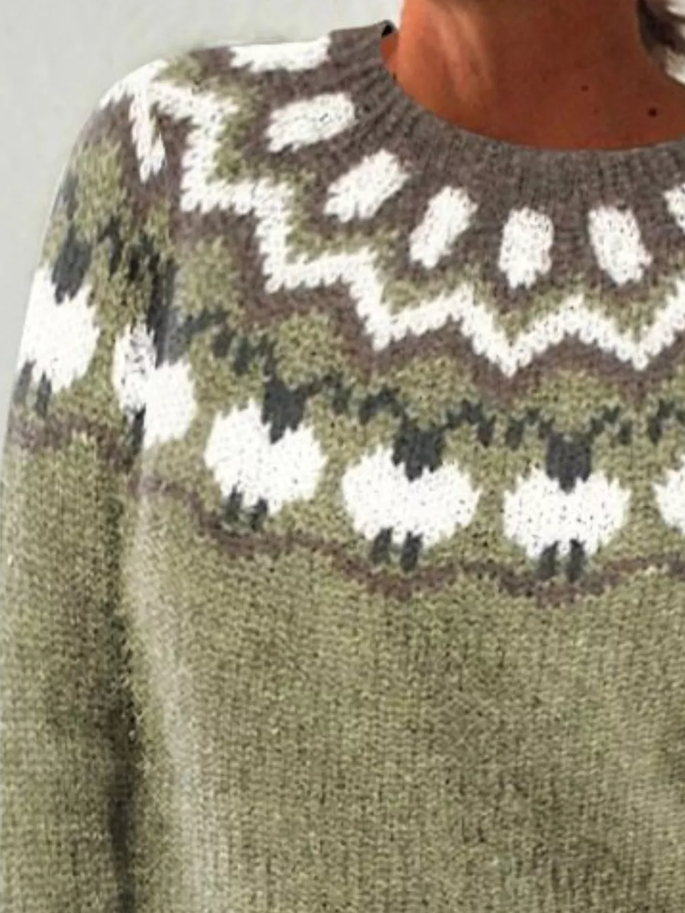 Full Size Vintage Patterned Round Neck Sweater Plus Size, image 11