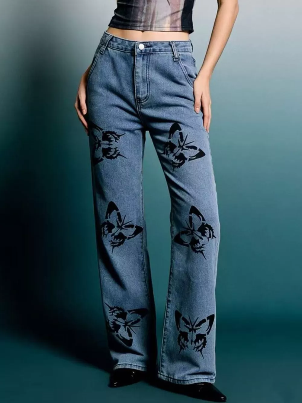 Butterfly Print High-Waisted Wide Leg Jeans, image 7