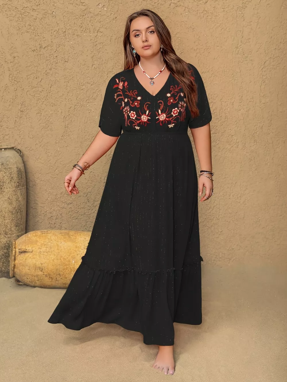 Plus Size Embroidered V-Neck Maxi Dress, image 3
