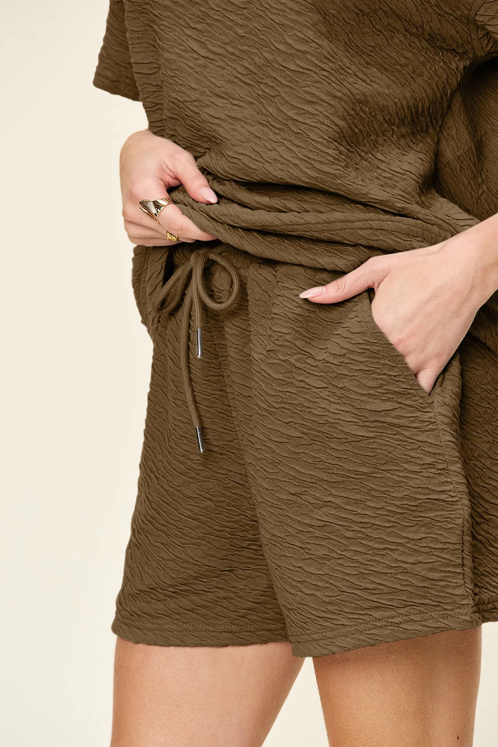 Full Size Texture Short Sleeve T-Shirt and Drawstring Shorts Set, image 15