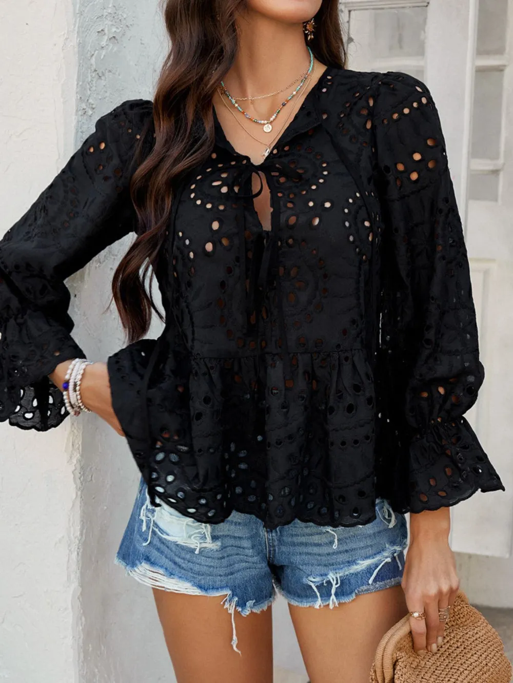 Tie Front Flounce Sleeve Peplum Blouse, image 9