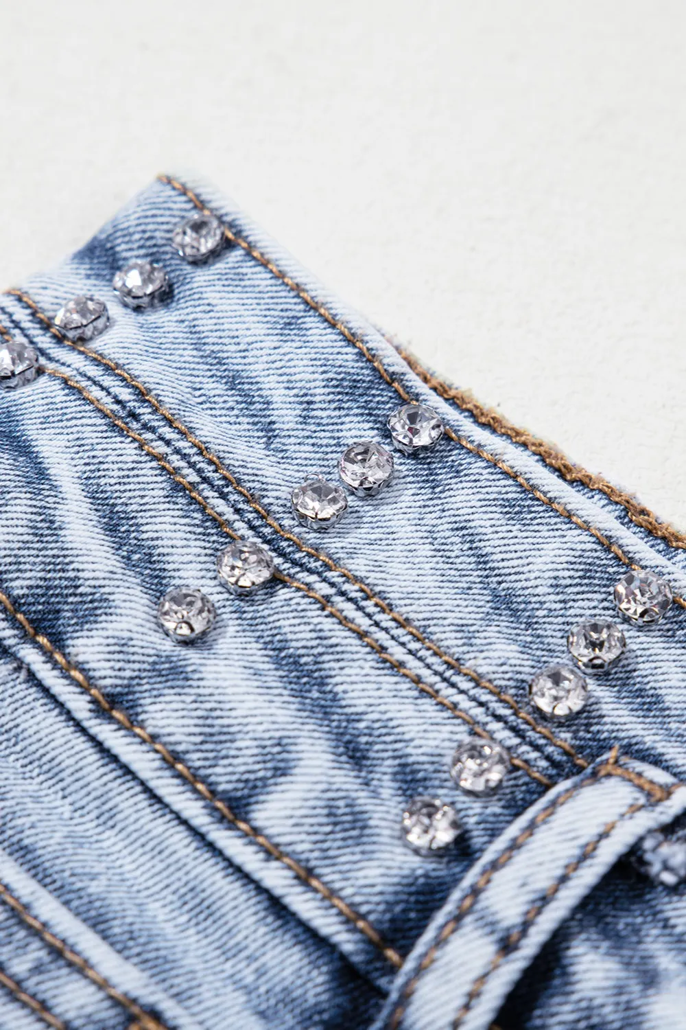 Rhinestone Light Wash Raw Hem High Waist Denim Shorts, image 11