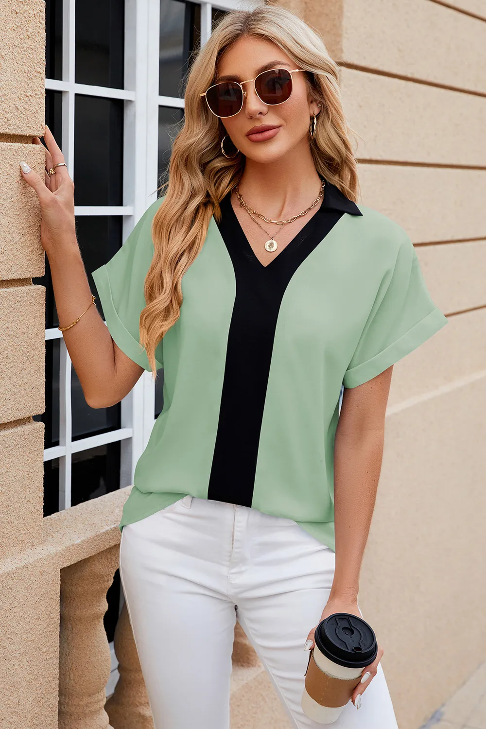 Contrast Johnny Collar Short Sleeve Blouse, image 6