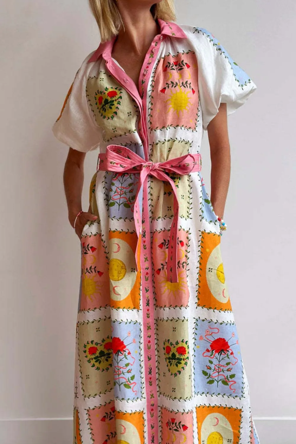Printed Short Sleeve Belted Maxi Dress, image 5