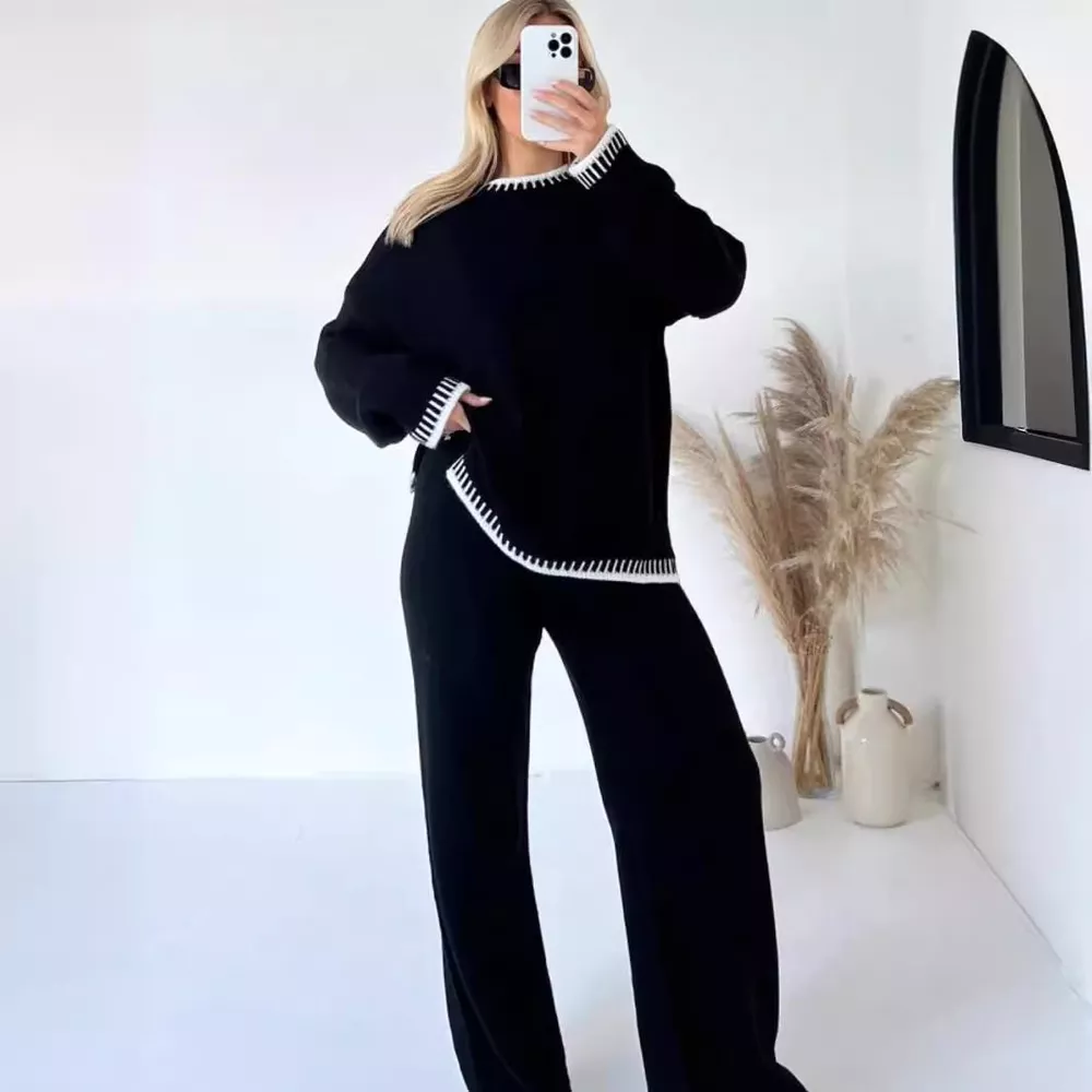 Contrast Trim Round Neck Top and Pants Sweater Set, image 9