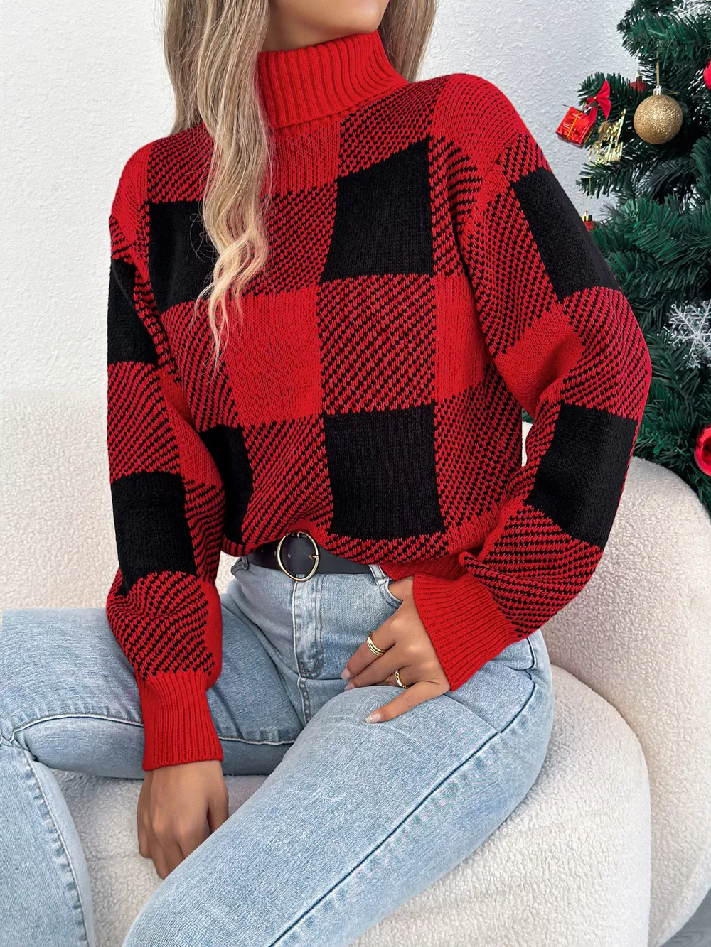 Christmas Plaid Long Sleeve Turtleneck Sweater, image 7