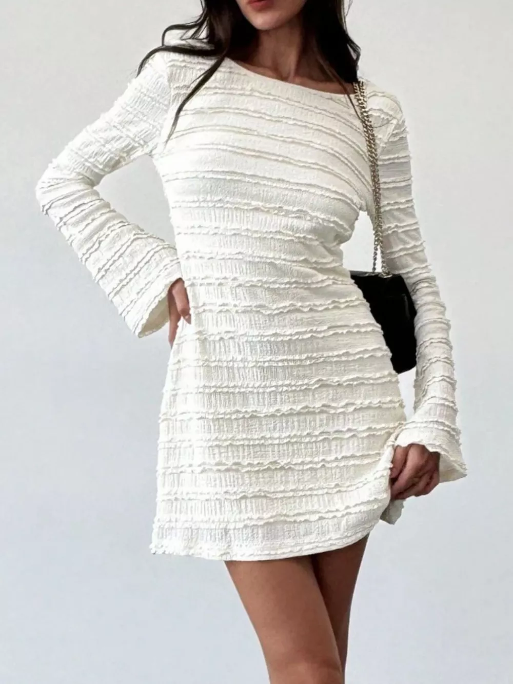 Textured Flare Sleeve Bodycon Mini Dress, image 5