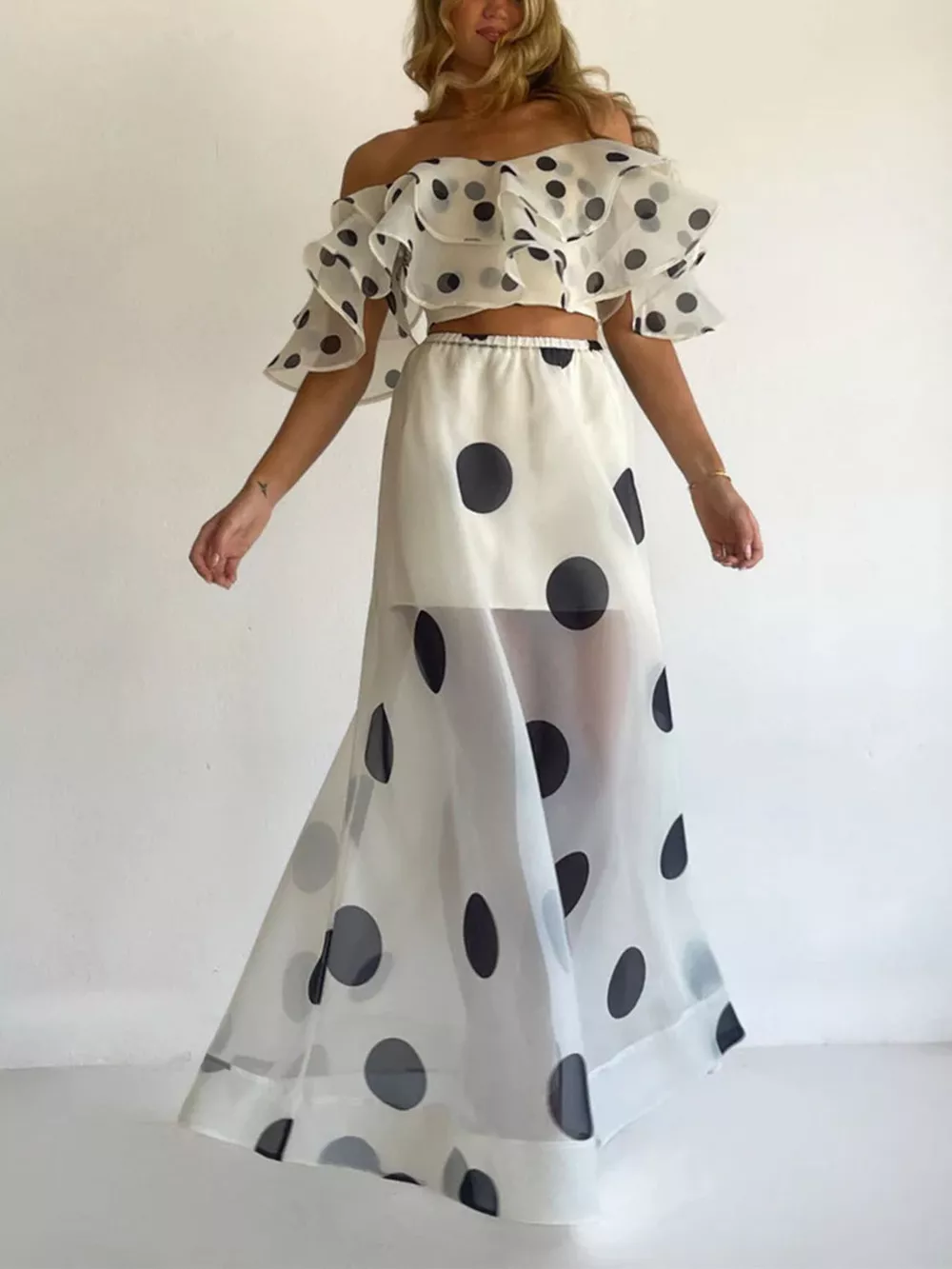 Polka Dot Ruffle Crop Top and Maxi Skirt Set, image 6