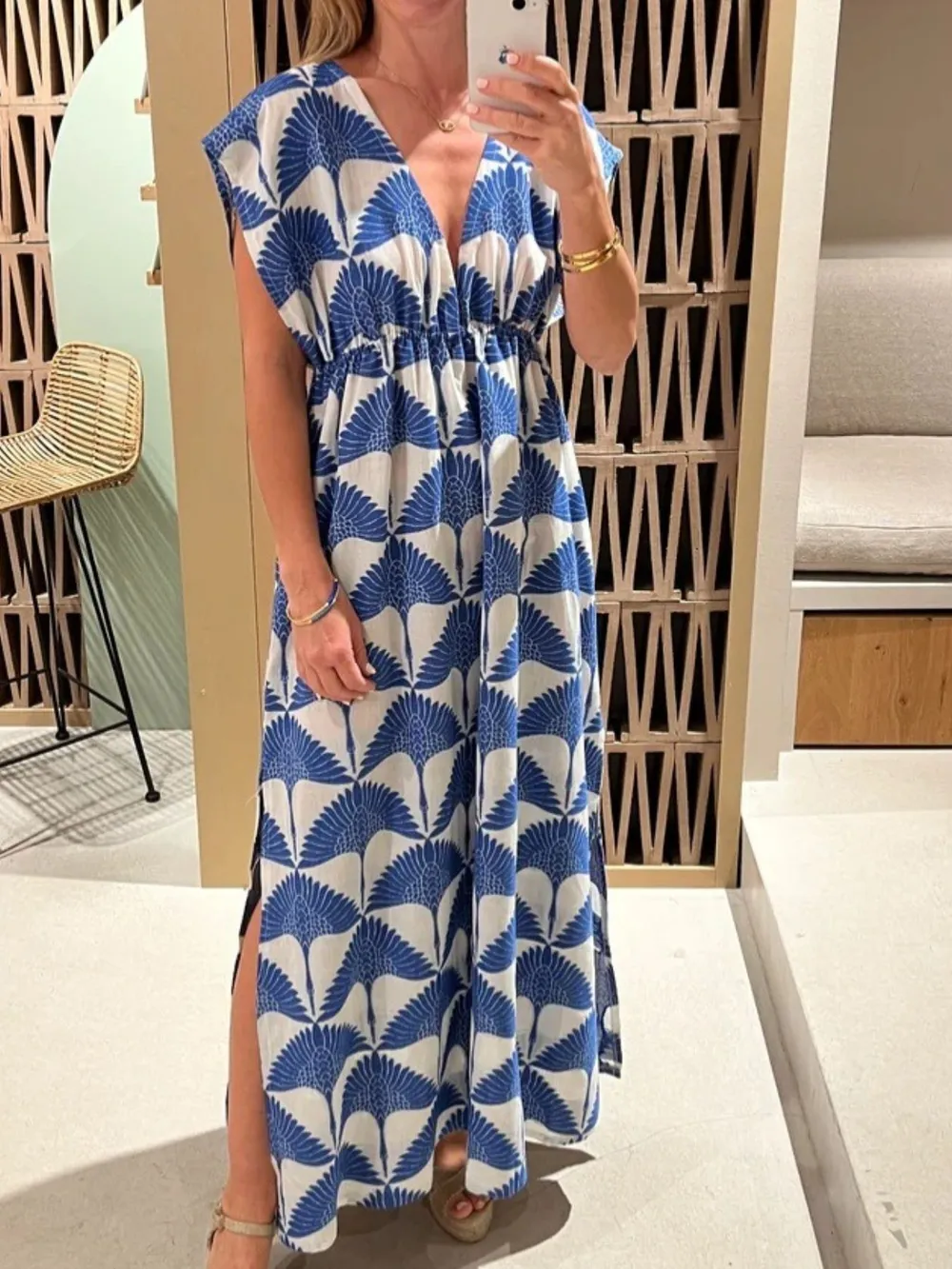 Slit Printed V-Neck Cap Sleeve Maxi Dress, image 6