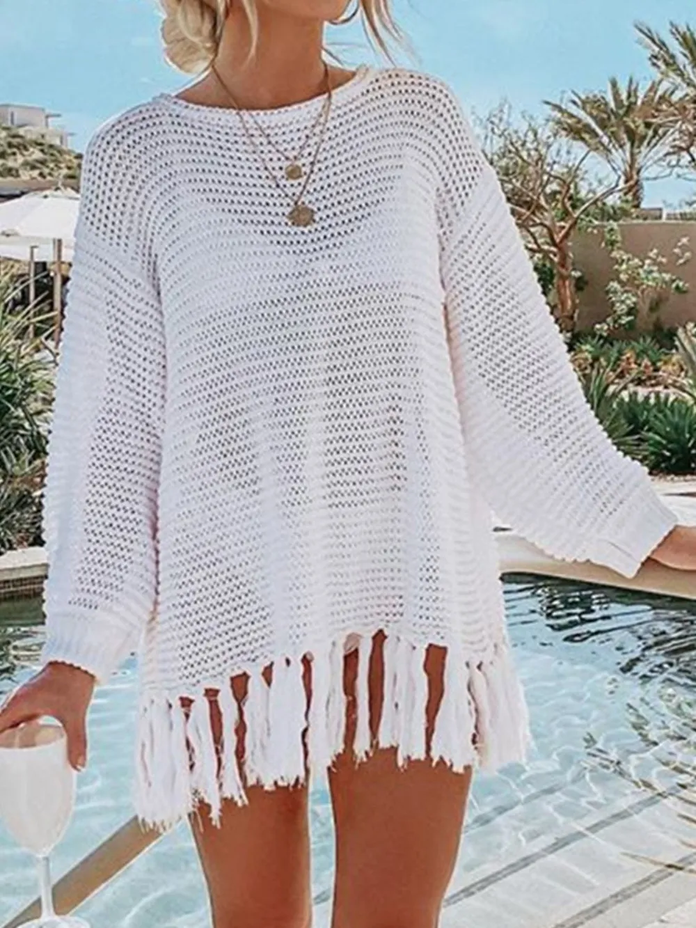 Openwork Tassel Hem Long Sleeve Knit Cover Up, image 2