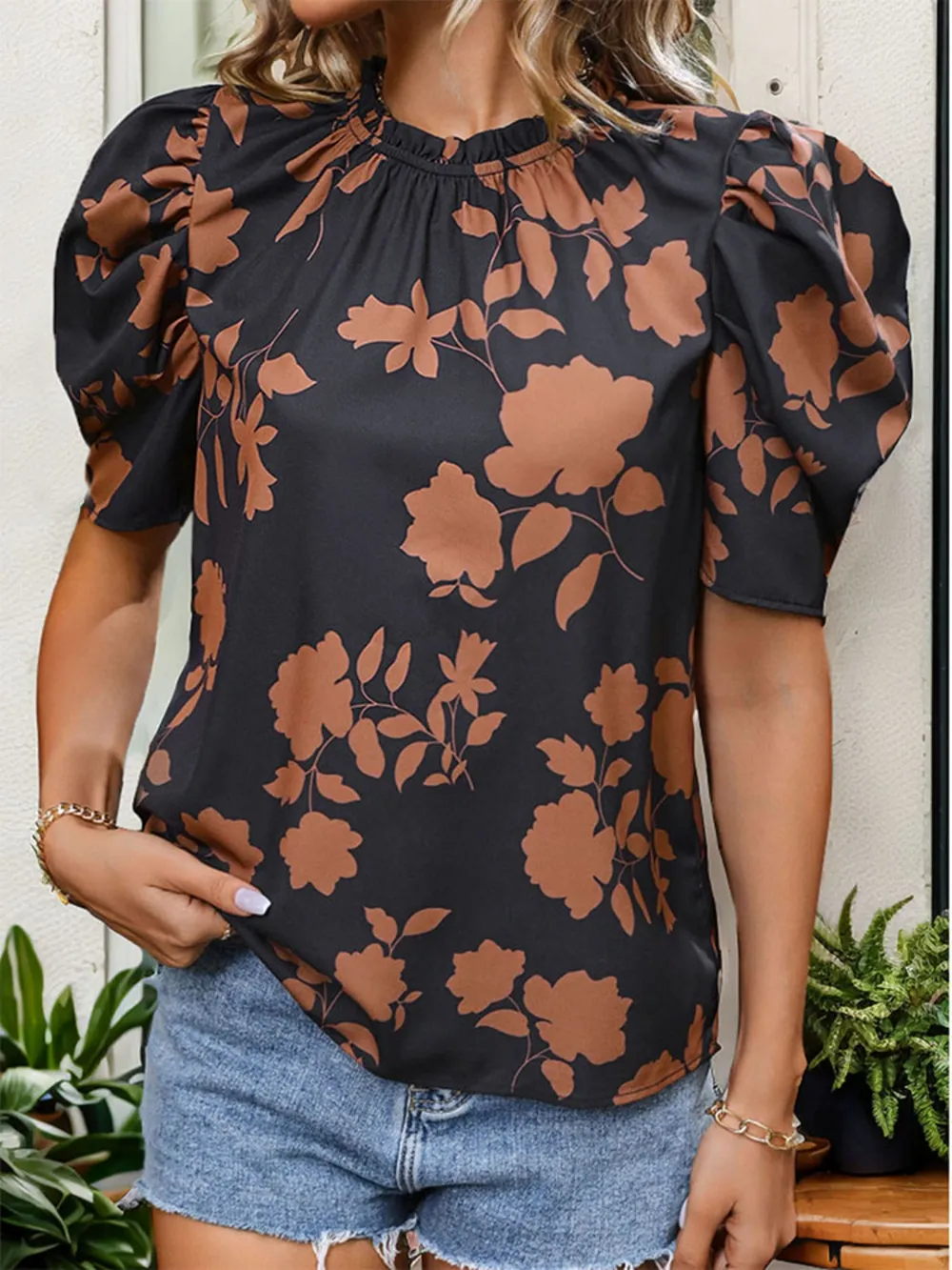Frill Printed Round Neck Puff Sleeve Blouse, image 4