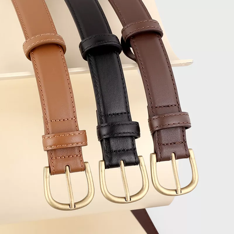 Skinny Leather Belt with Golden Buckle, image 3