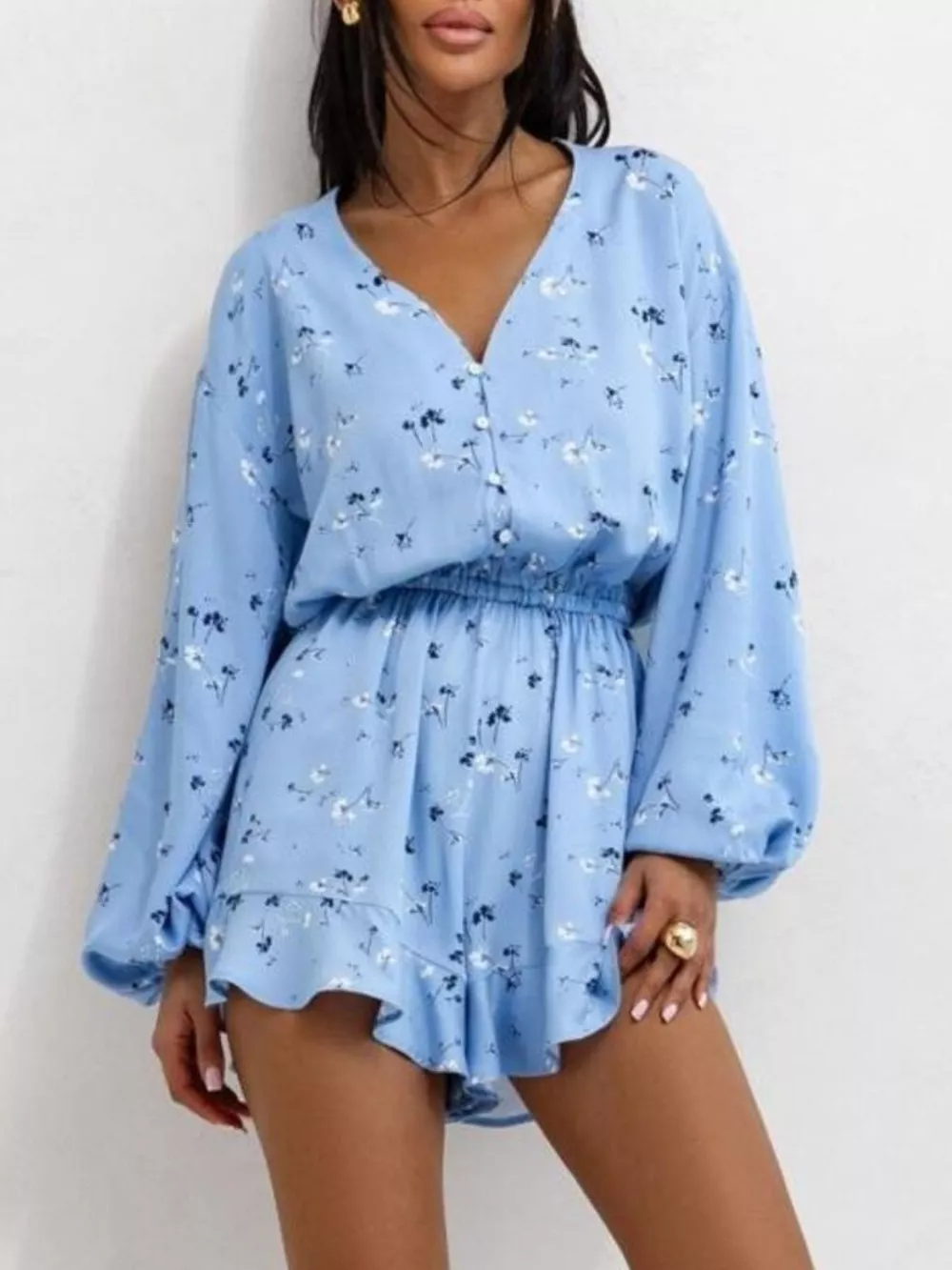 Floral V-Neck Long Sleeve Romper with Elastic Waist, image 2
