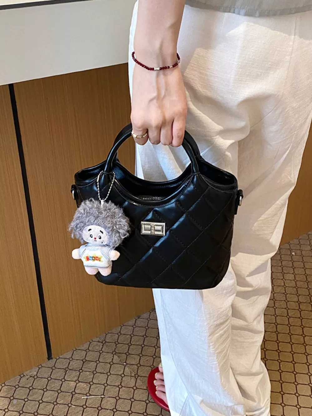 Quilted Crossbody Bag with Plush Charm, image 3
