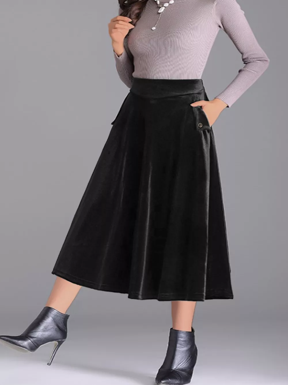 Plus Size Elegant Velvet A-Line Midi Skirt, image 4