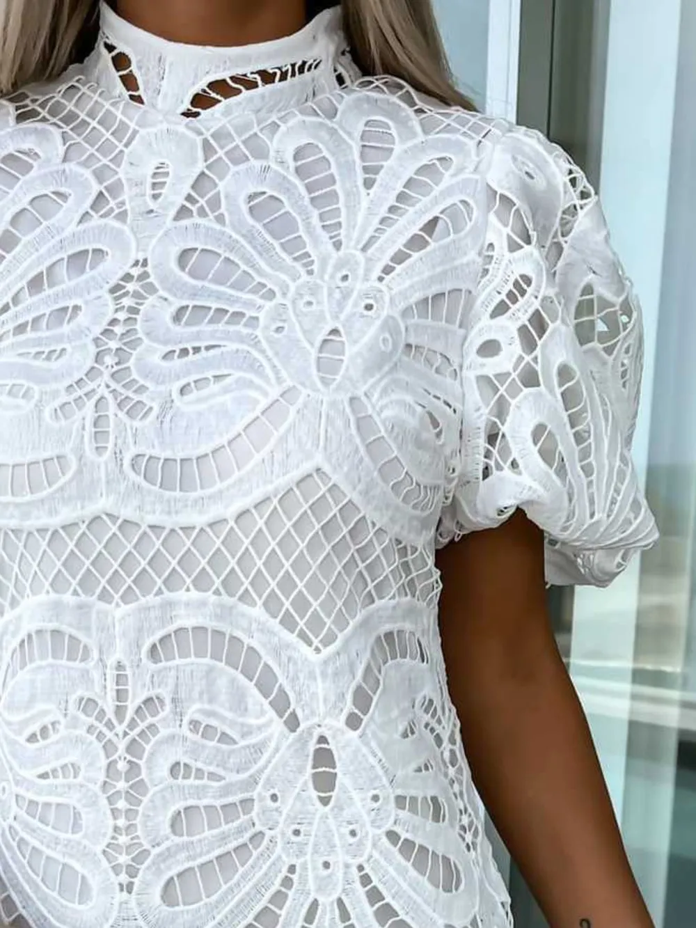 Lace Mock Neck Puff Sleeve Dress, image 9