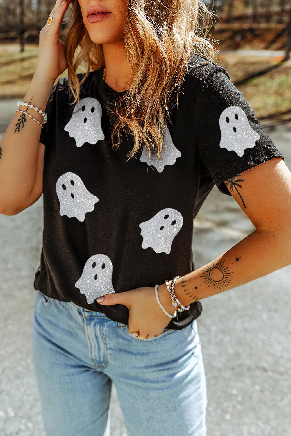 Glitter Ghost Round Neck Short Sleeve T-Shirt, image 4