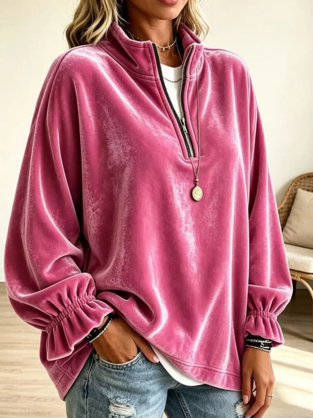 Velvet Quarter-Zip Sweatshirt with Ruffled Cuffs, image 7