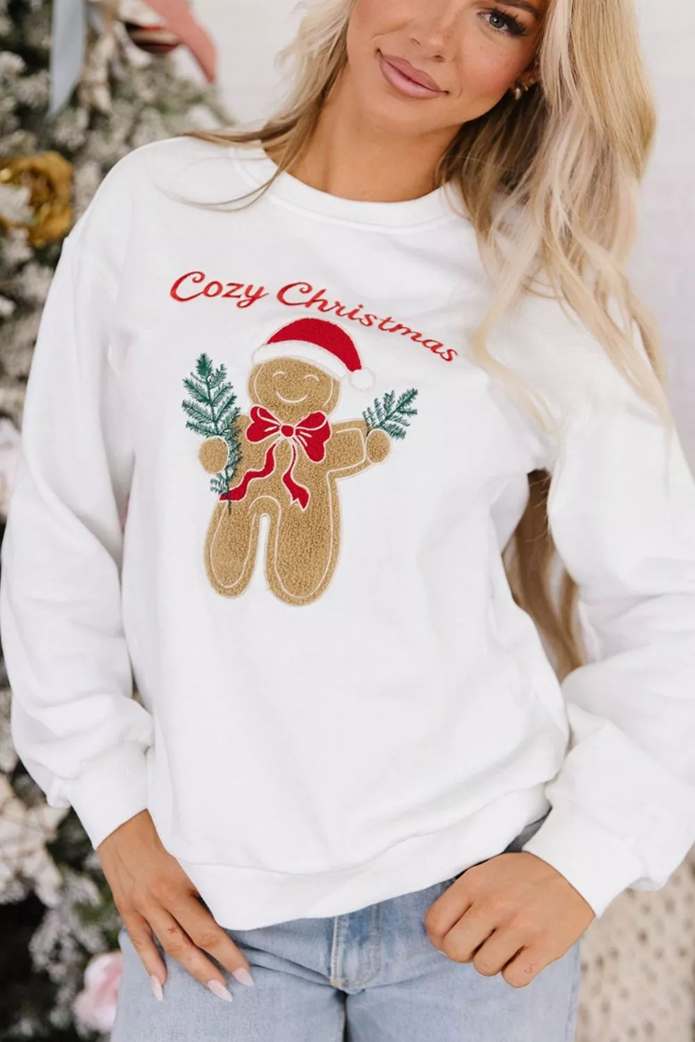 Embroidered Gingerbread Cozy Christmas Long Sleeve Round Neck Sweatshirt, image 4