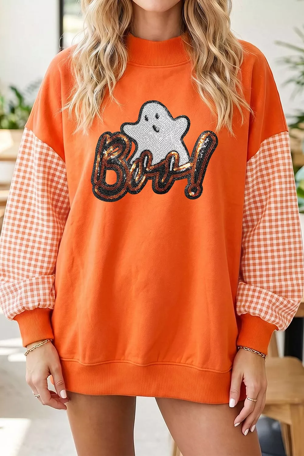 Boo Sequin Ghost Plaid Patchwork Sleeve Halloween Sweatshirt, image 2
