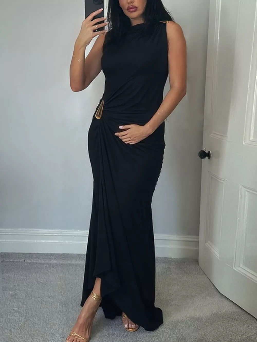 Draped Sleeveless Bodycon Maxi Dress with Metal Decorative, image 10