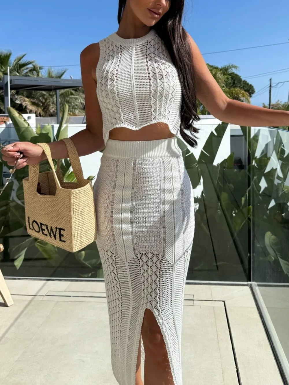 Openwork Round Neck Top and Slit Skirt Sweater Set, image 7