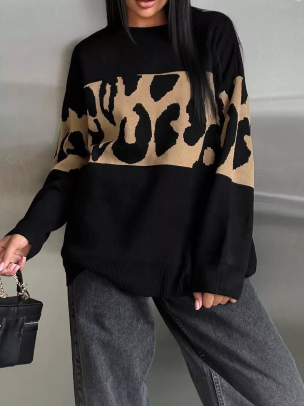 Leopard Color Block Round Neck Sweater, image 6