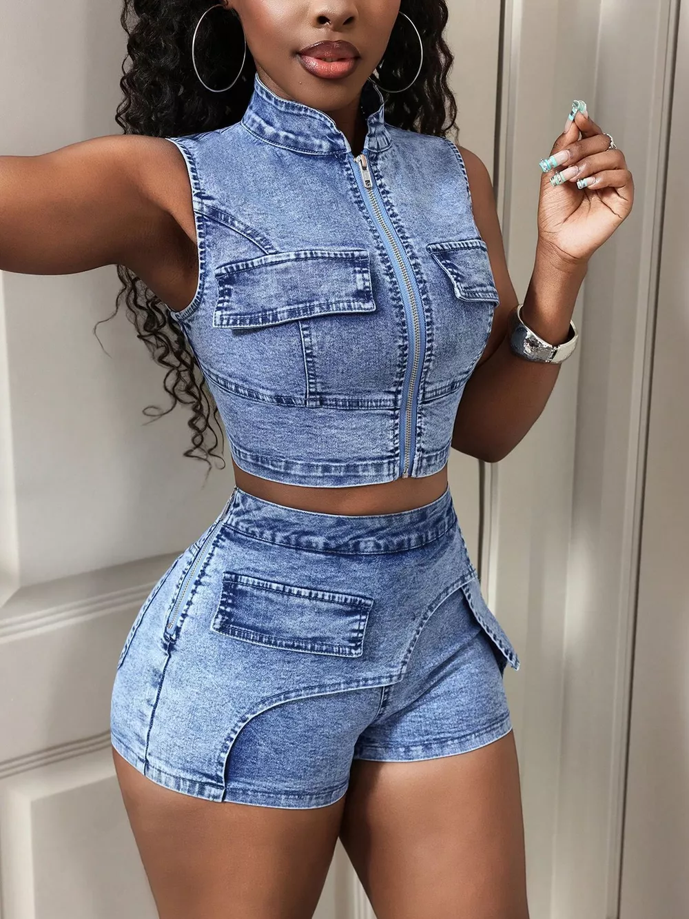 Sleeveless Zip-Up Denim Crop Top and Asymmetric Pocket Shorts Set, image 4