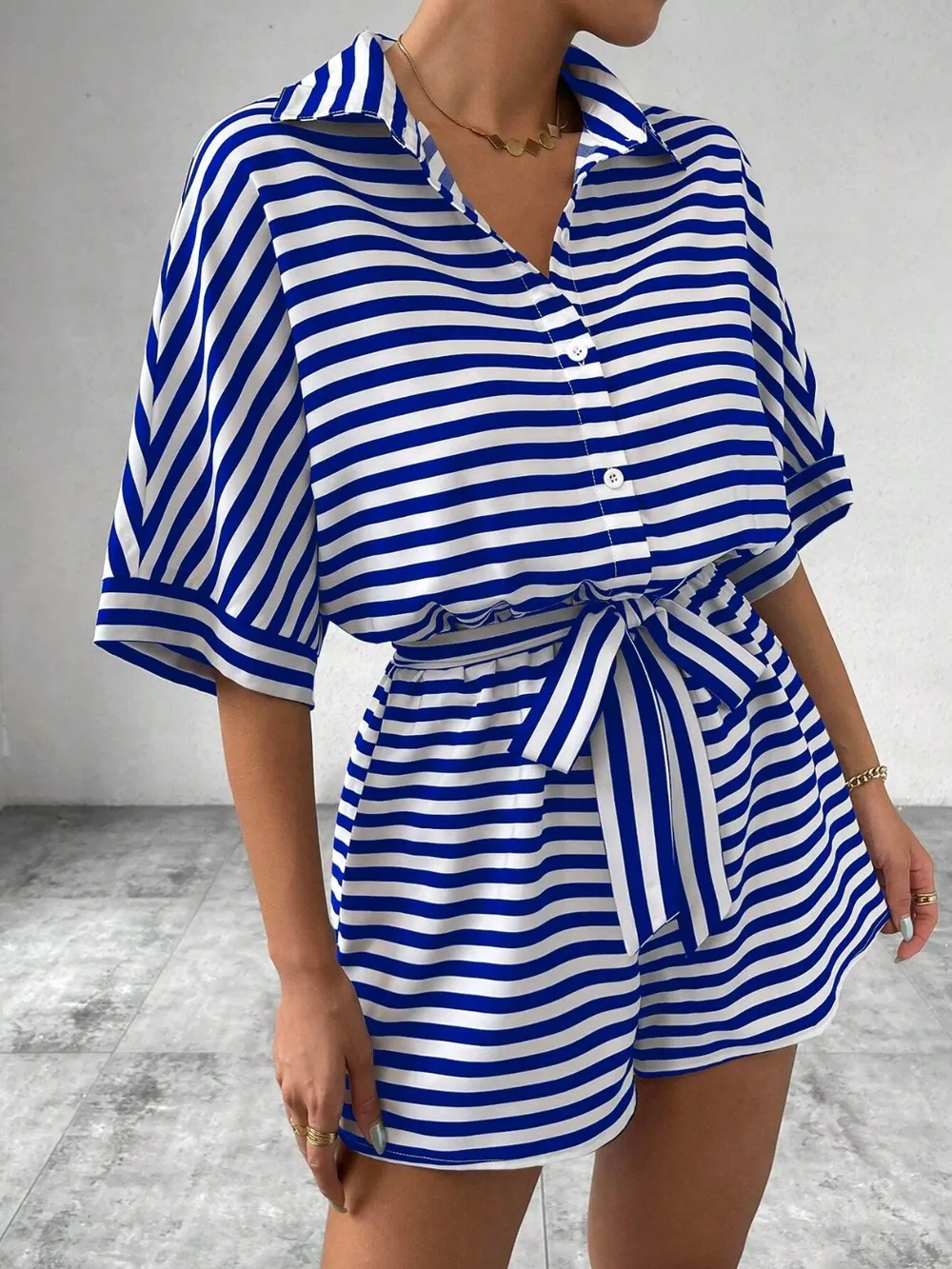 Tie Waist Half Button Striped Romper, image 15