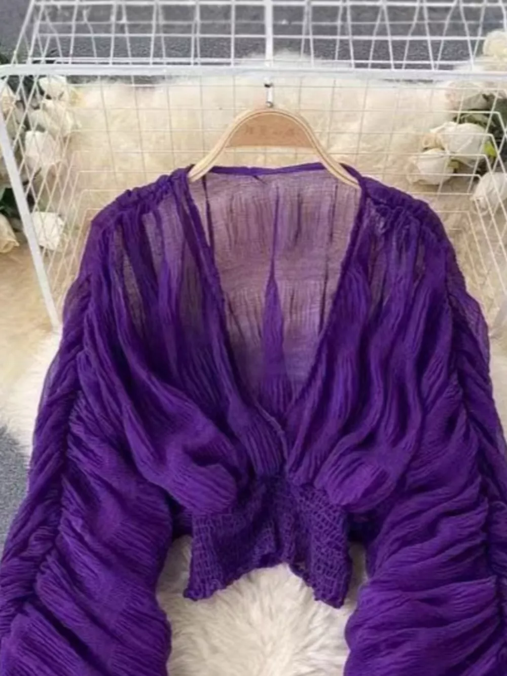 Smocked Ruched Long Sleeve Blouse, image 4