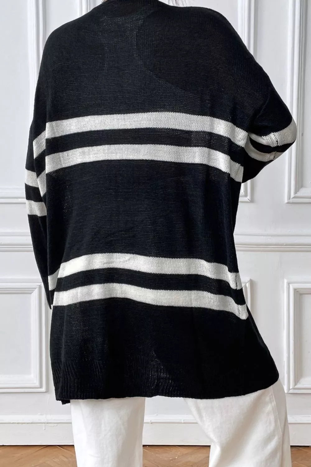 Striped Open Front Dropped Shoulder Cardigan, image 2
