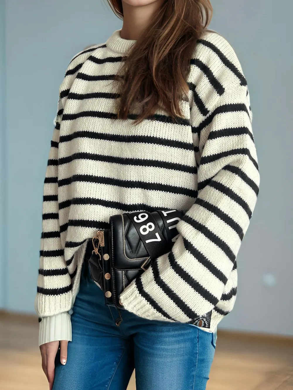 Striped Round Neck Long Sleeve Sweater, image 4